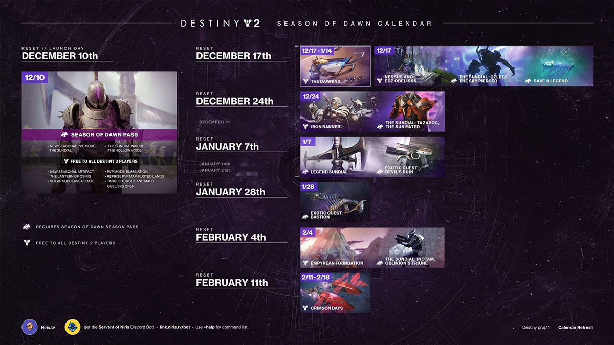 Destiny 2 Season of Dawn Calendar